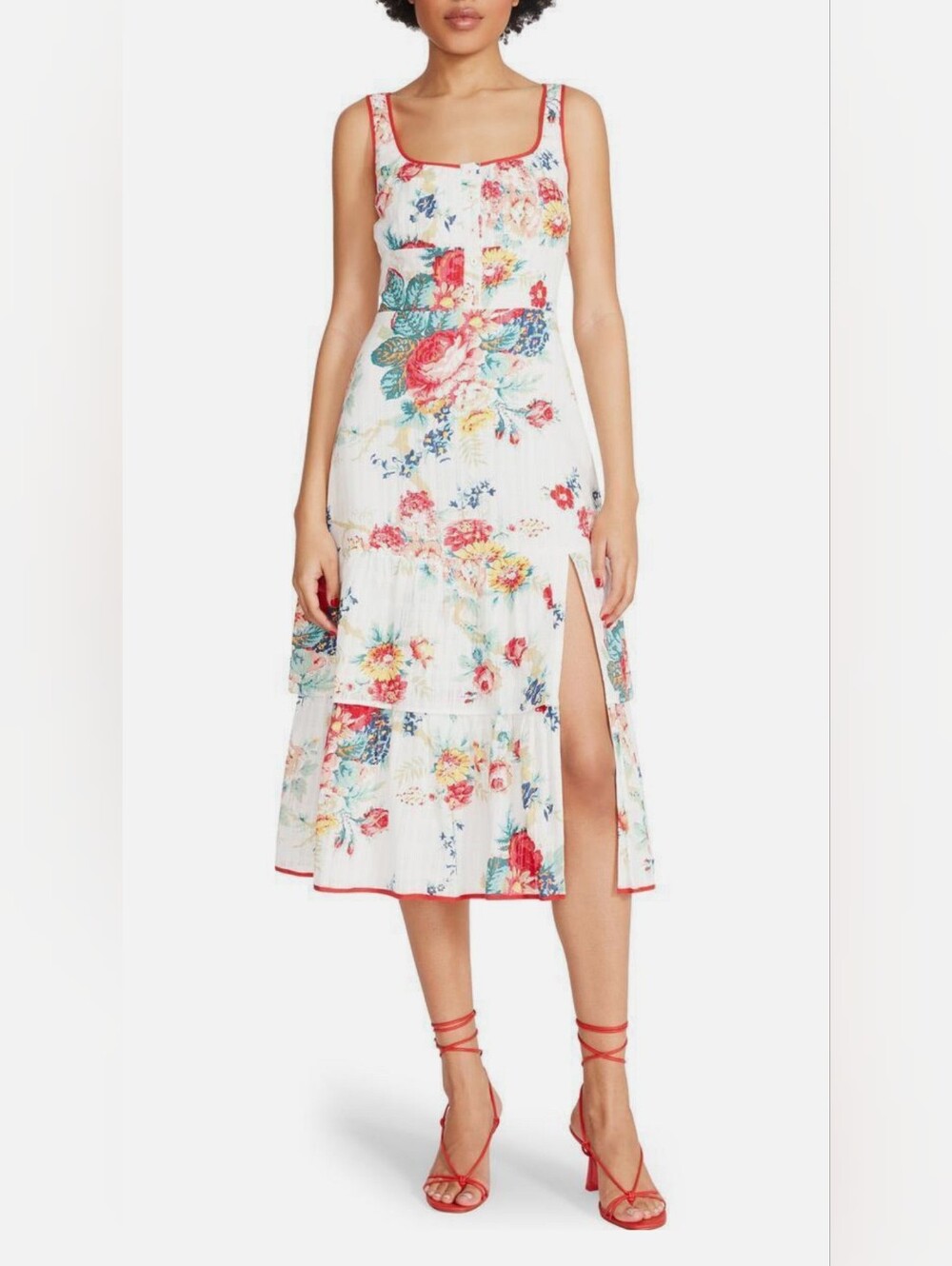 Betsey Johnson White Floral Tiered Midi Dress with Red Trim